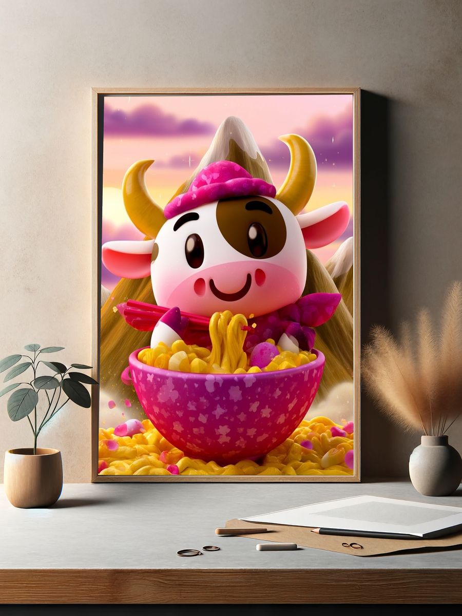Cute Cow Noodle Bowl Illustration Poster. — room view 2