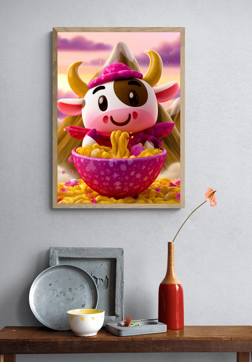 Cute Cow Noodle Bowl Illustration Poster. — room view 3