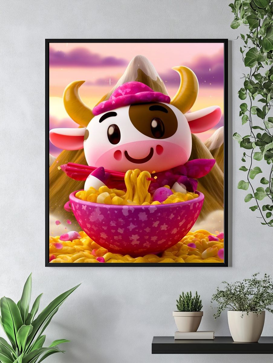 Cute Cow Noodle Bowl Illustration Poster. — room view 4