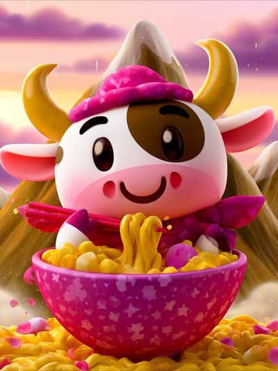 Cute Cow Noodle Bowl Illustration Poster. poster print