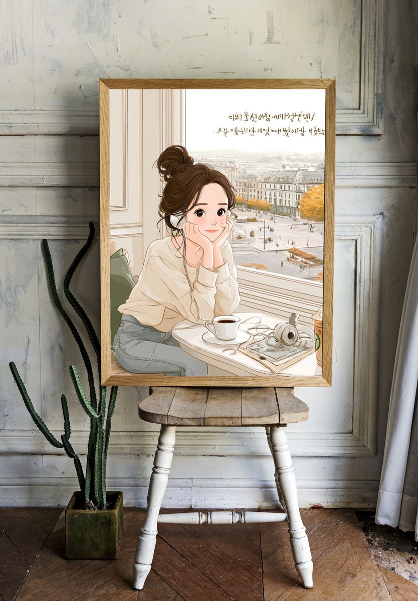 Cozy Cafe Girl Illustration Print. room preview