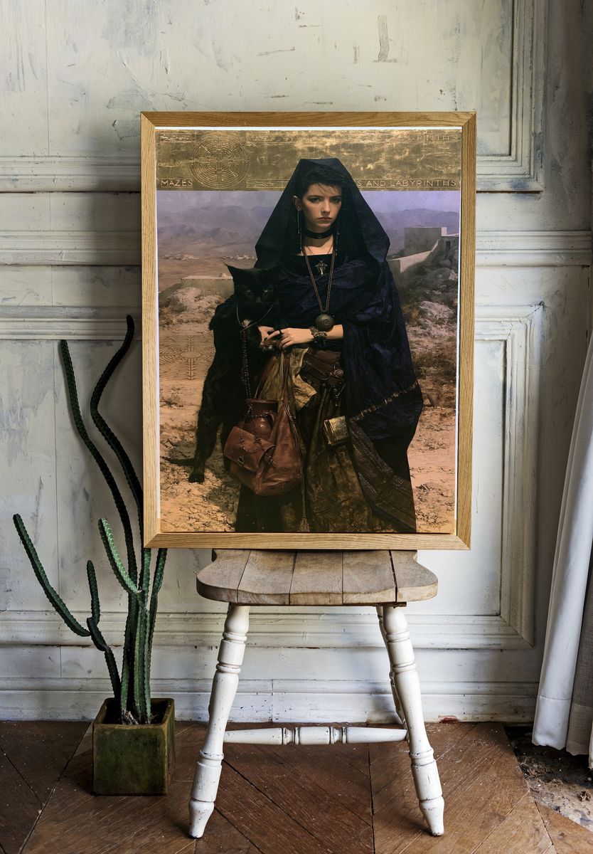 Mystic Woman with Cat Illustration Print. room preview
