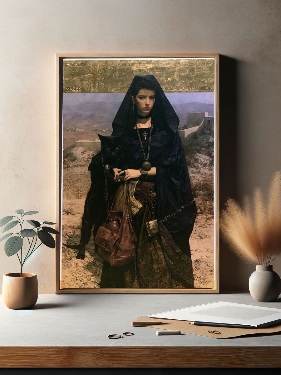 Mystic Woman with Cat Illustration Print. — room view 2