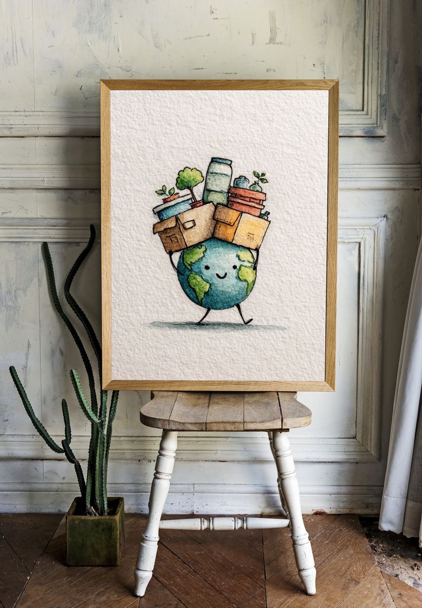 Cute Earth Carrying Plants Poster. — room view 1