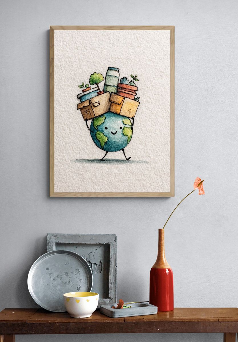 Cute Earth Carrying Plants Poster. — room view 3