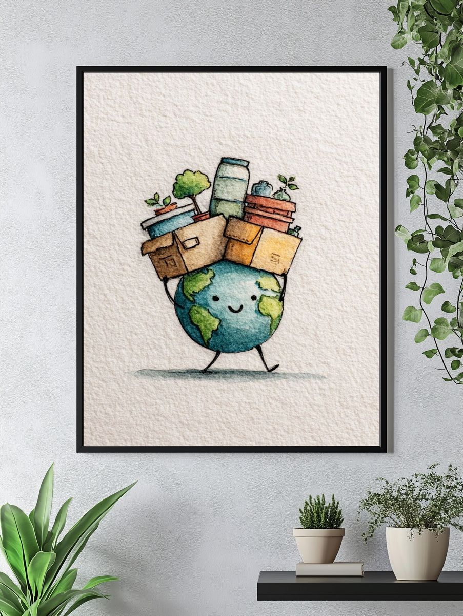 Cute Earth Carrying Plants Poster. — room view 4
