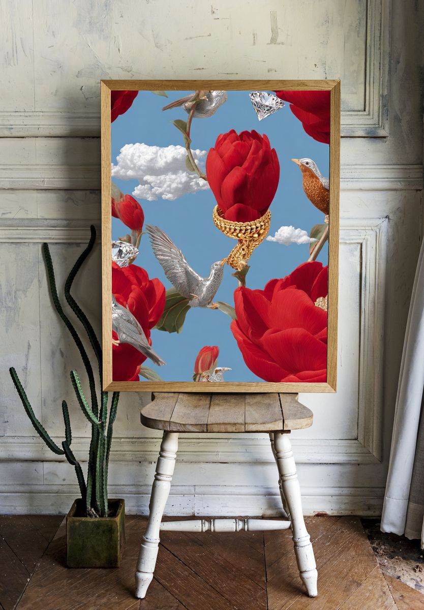 Surreal Floral Birds Print. — room view 1