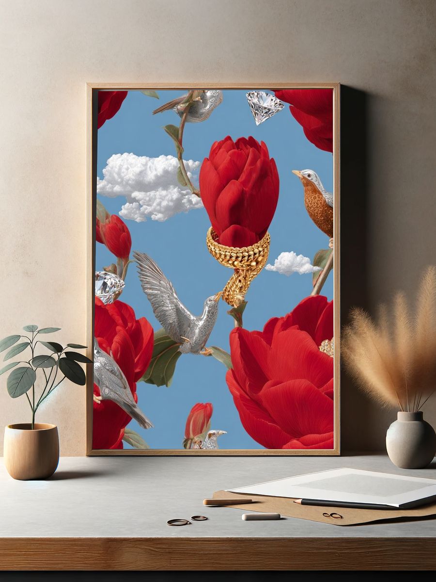 Surreal Floral Birds Print. — room view 2