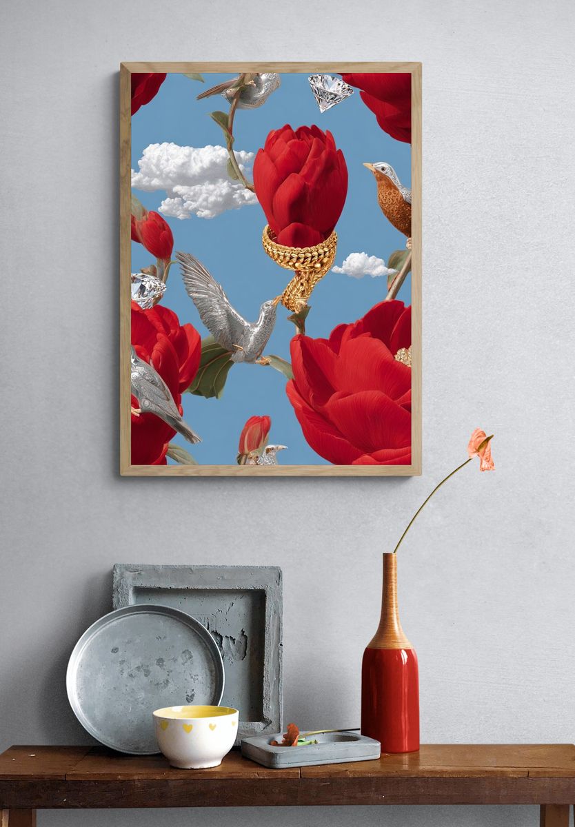 Surreal Floral Birds Print. — room view 3