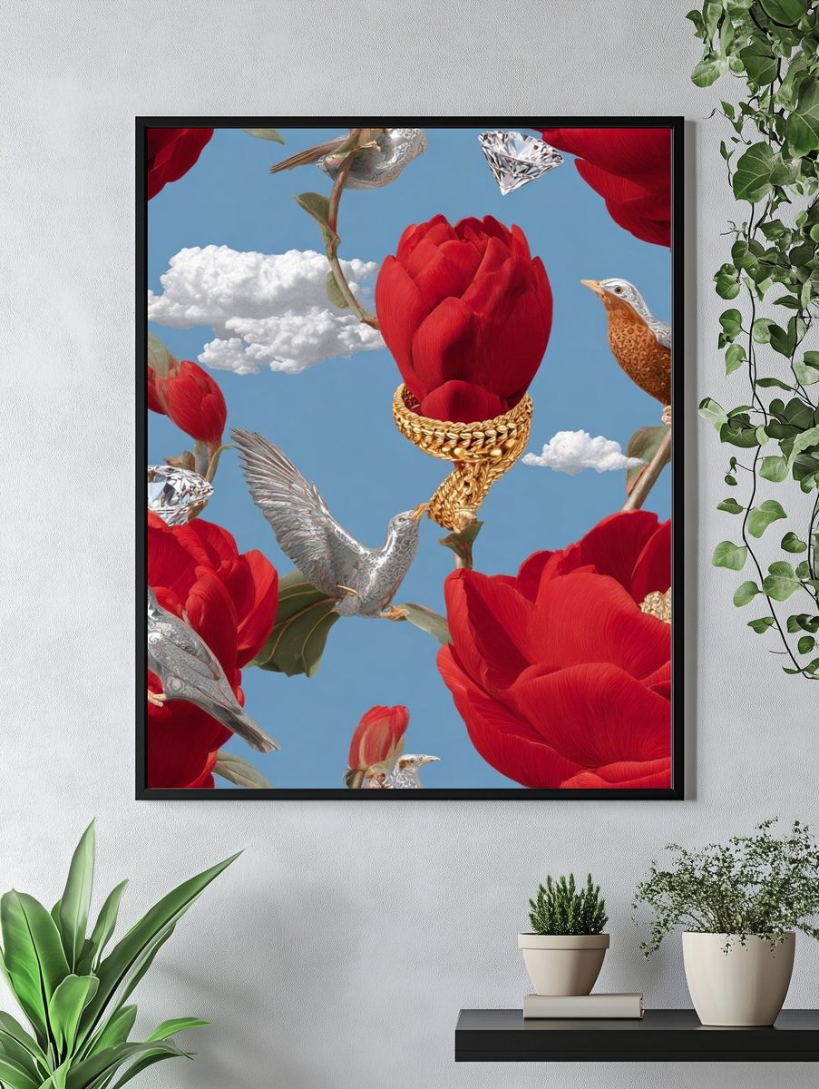 Surreal Floral Birds Print. — room view 4