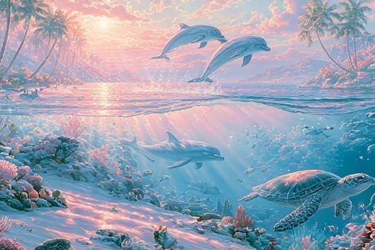 Dolphins at Sunrise Illustration Poster. poster detail