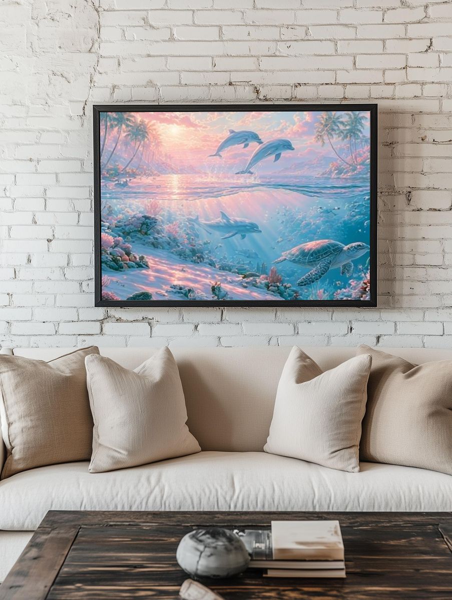 Dolphins at Sunrise Illustration Poster. — room view 1