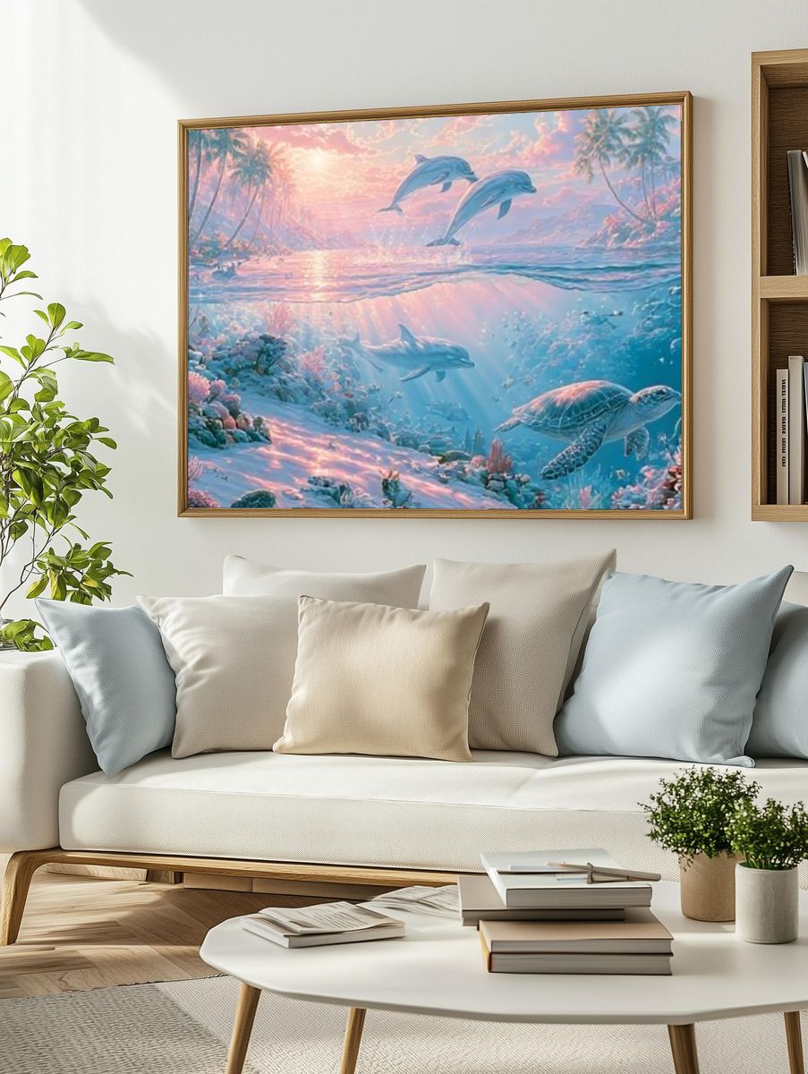 Dolphins at Sunrise Illustration Poster. — room view 2
