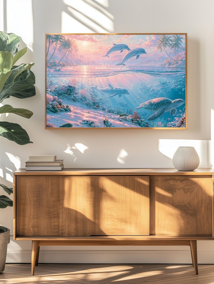 Dolphins at Sunrise Illustration Poster. — room view 3