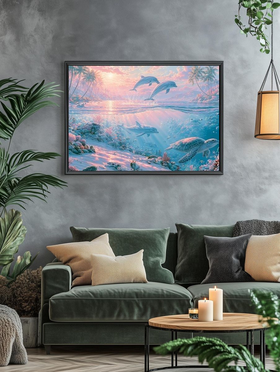 Dolphins at Sunrise Illustration Poster. — room view 4