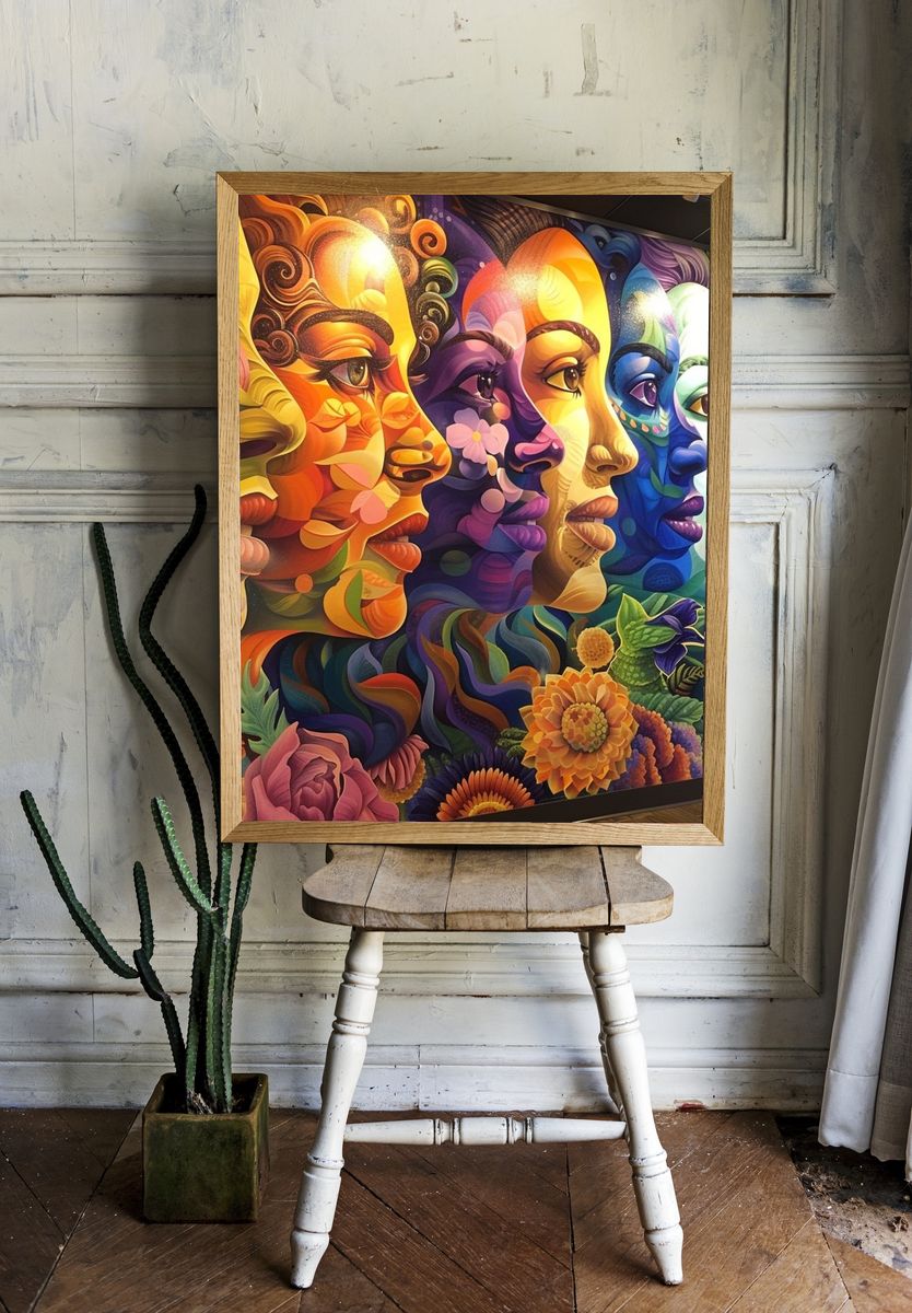 Rainbow Faces Floral Illustration Poster. room preview