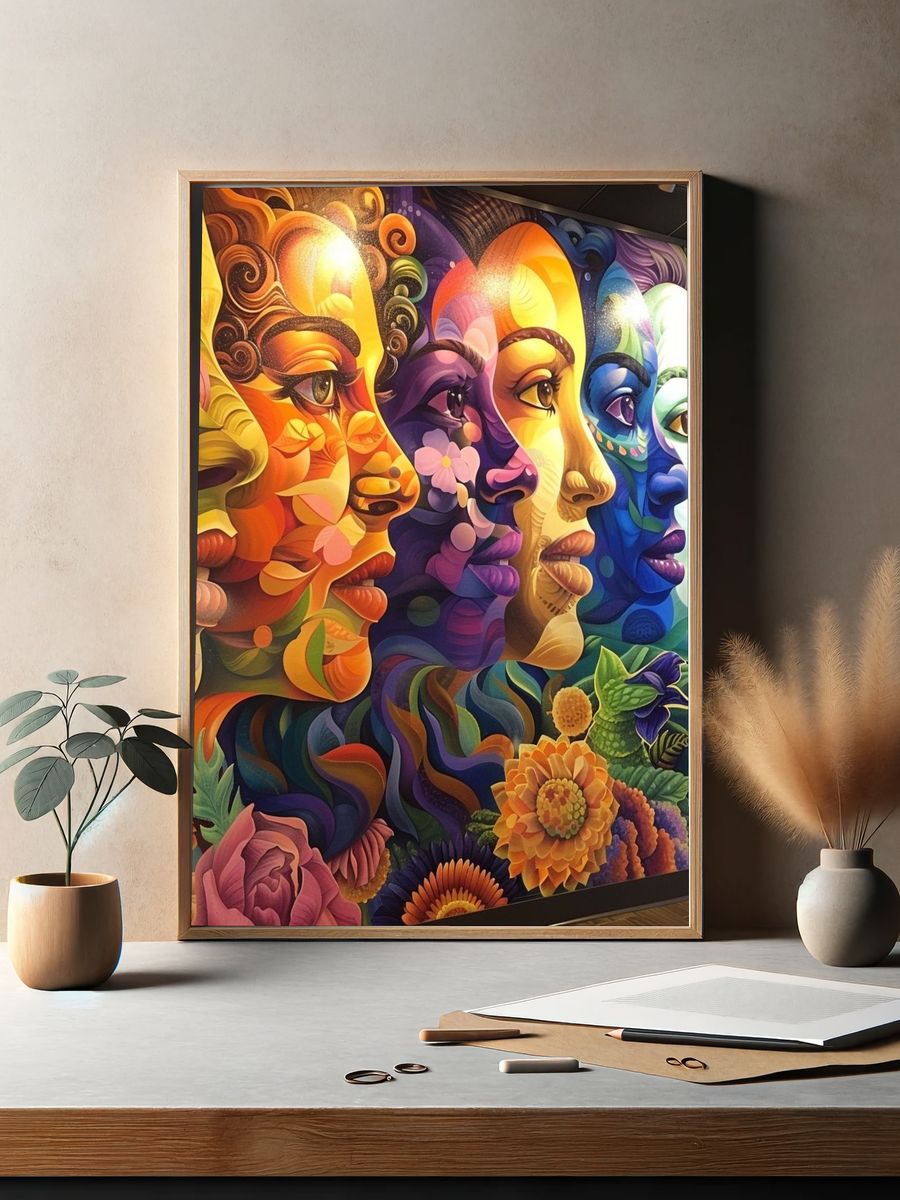 Rainbow Faces Floral Illustration Poster. — room view 2