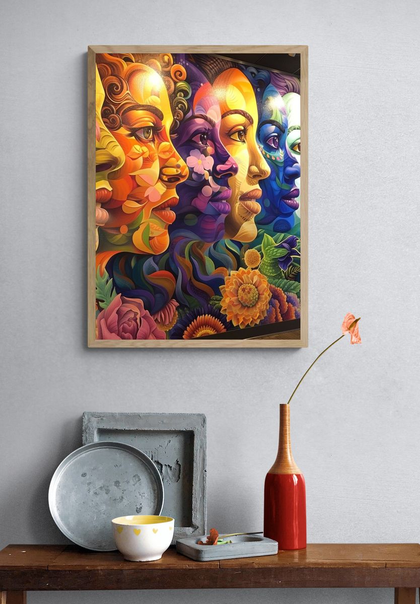 Rainbow Faces Floral Illustration Poster. — room view 3