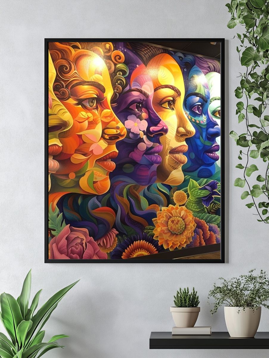 Rainbow Faces Floral Illustration Poster. — room view 4