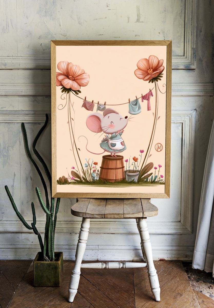 Mouse Garden Clothesline Illustration Poster. room preview