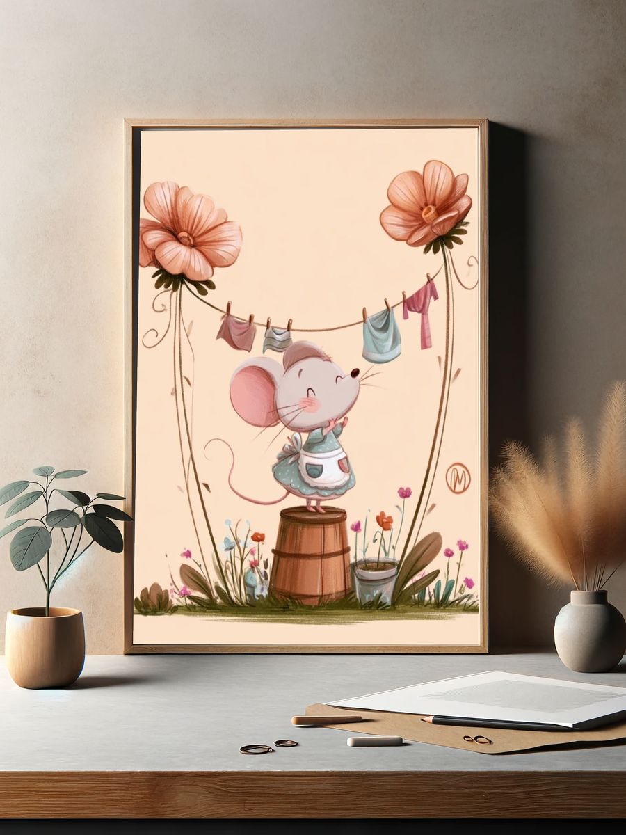 Mouse Garden Clothesline Illustration Poster. — room view 2