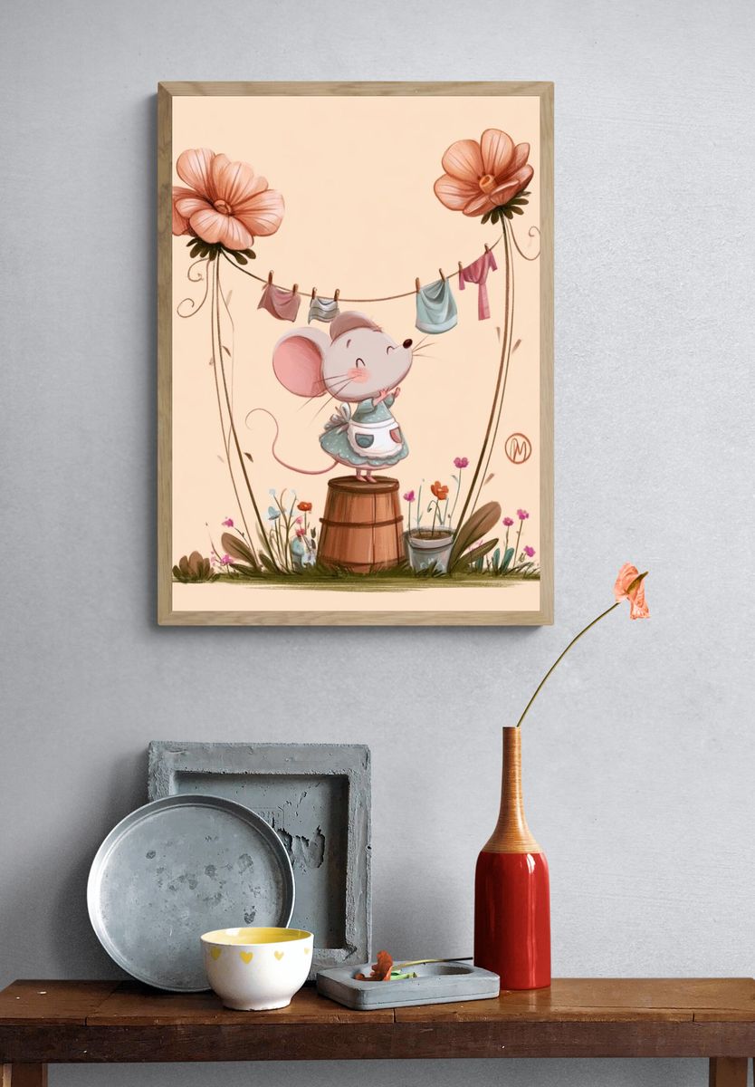 Mouse Garden Clothesline Illustration Poster. — room view 3
