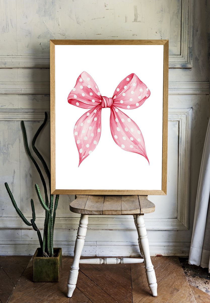 Pink Polka Dot Bow Watercolor Print. room preview