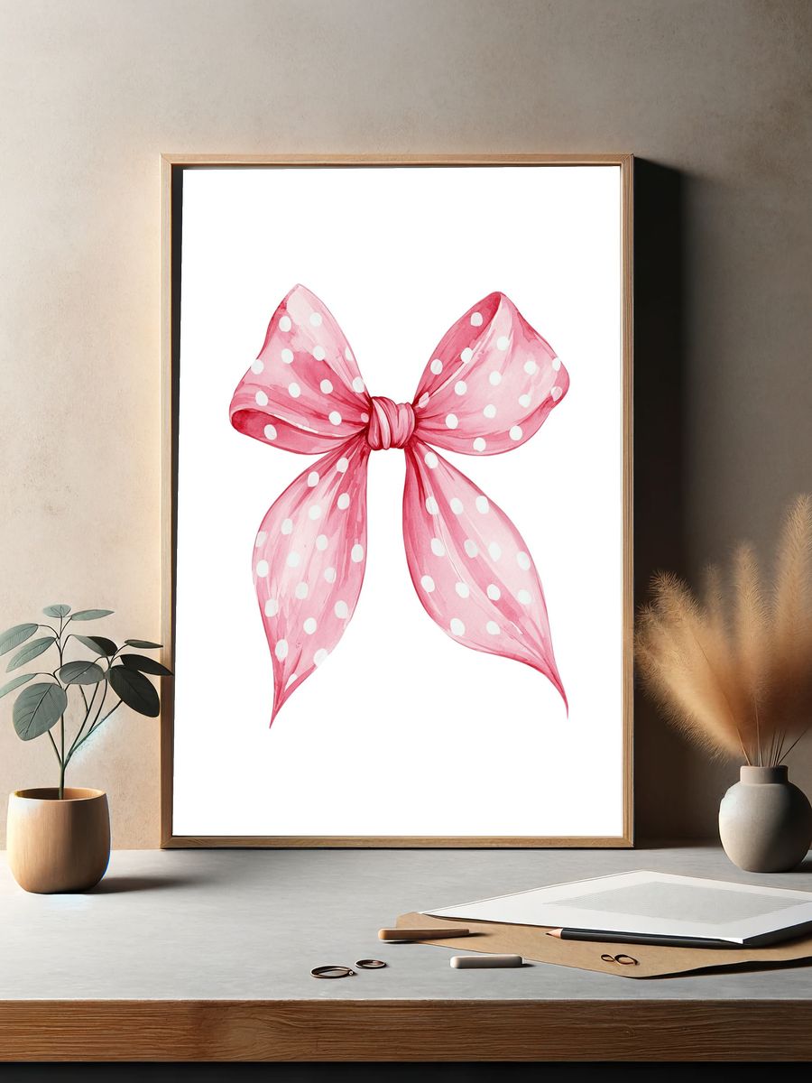 Pink Polka Dot Bow Watercolor Print. — room view 2