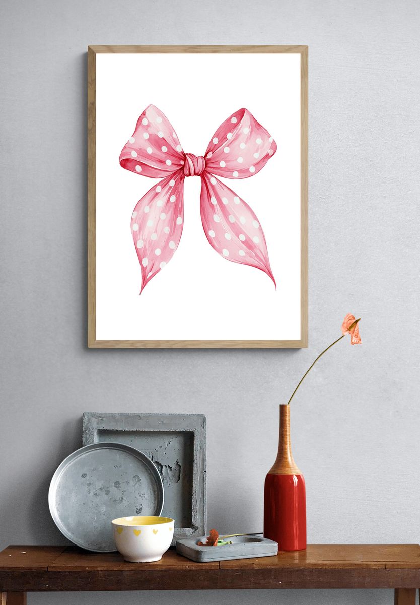 Pink Polka Dot Bow Watercolor Print. — room view 3