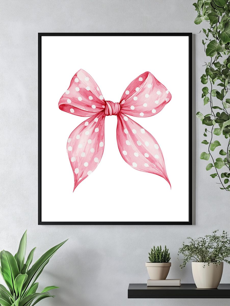 Pink Polka Dot Bow Watercolor Print. — room view 4