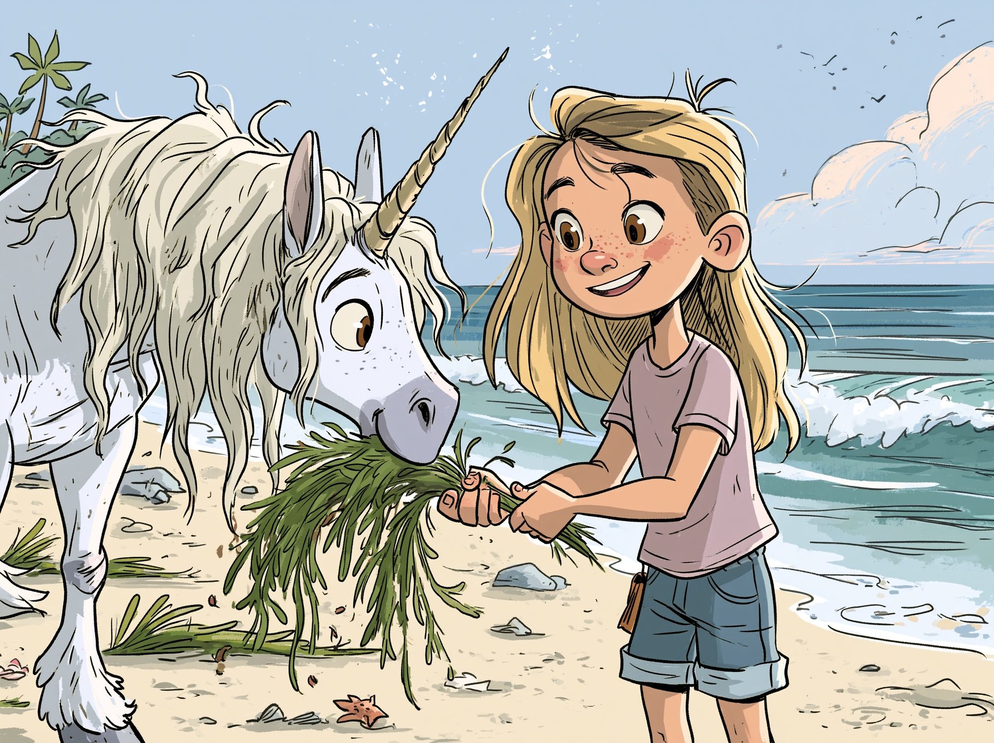 Girl and Unicorn Beach Illustration Poster. poster detail