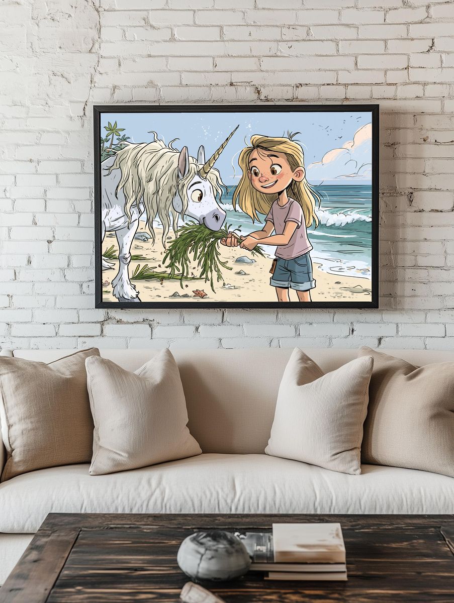 Girl and Unicorn Beach Illustration Poster. room preview