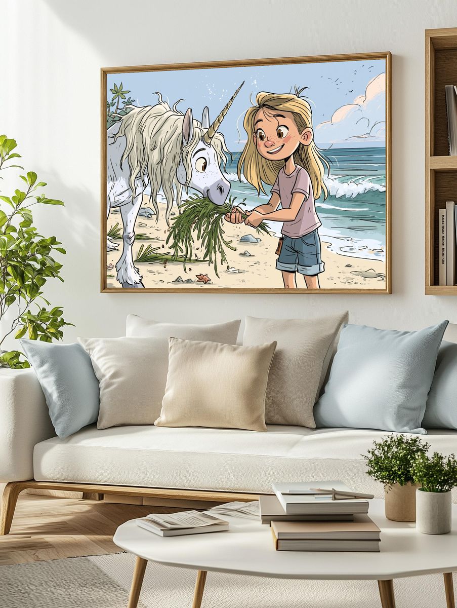 Girl and Unicorn Beach Illustration Poster. — room view 2