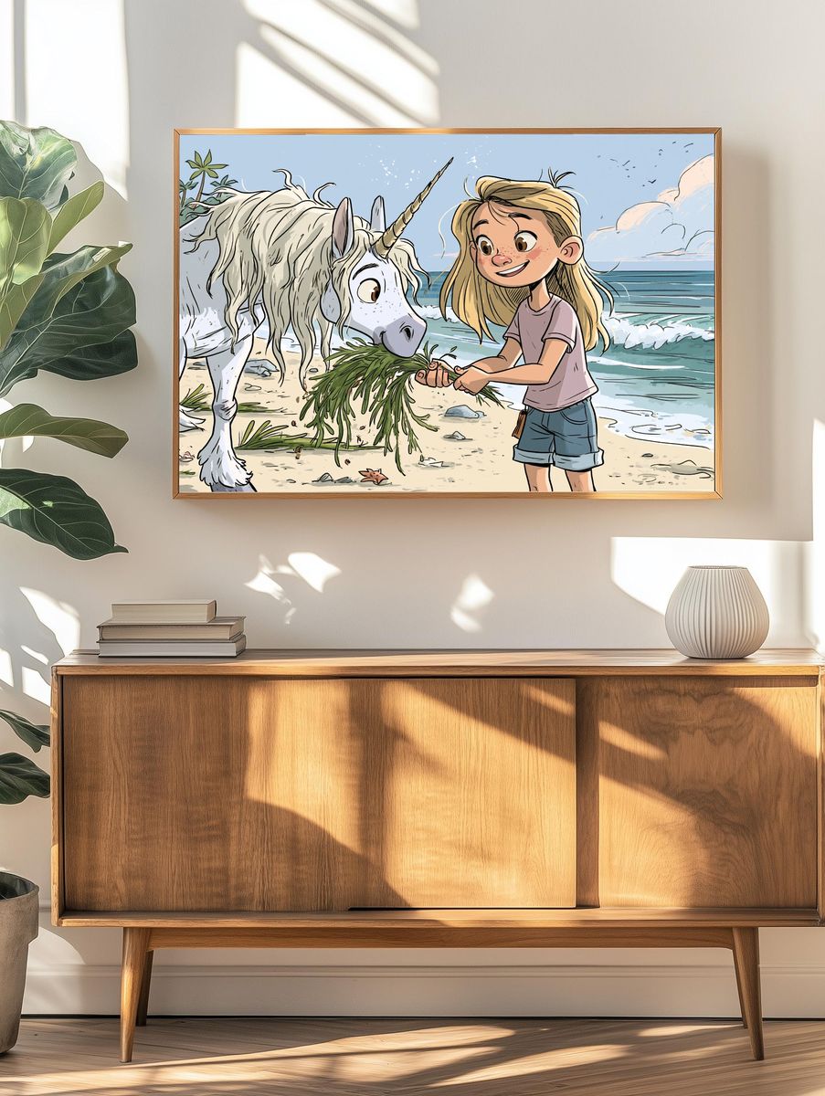 Girl and Unicorn Beach Illustration Poster. — room view 3