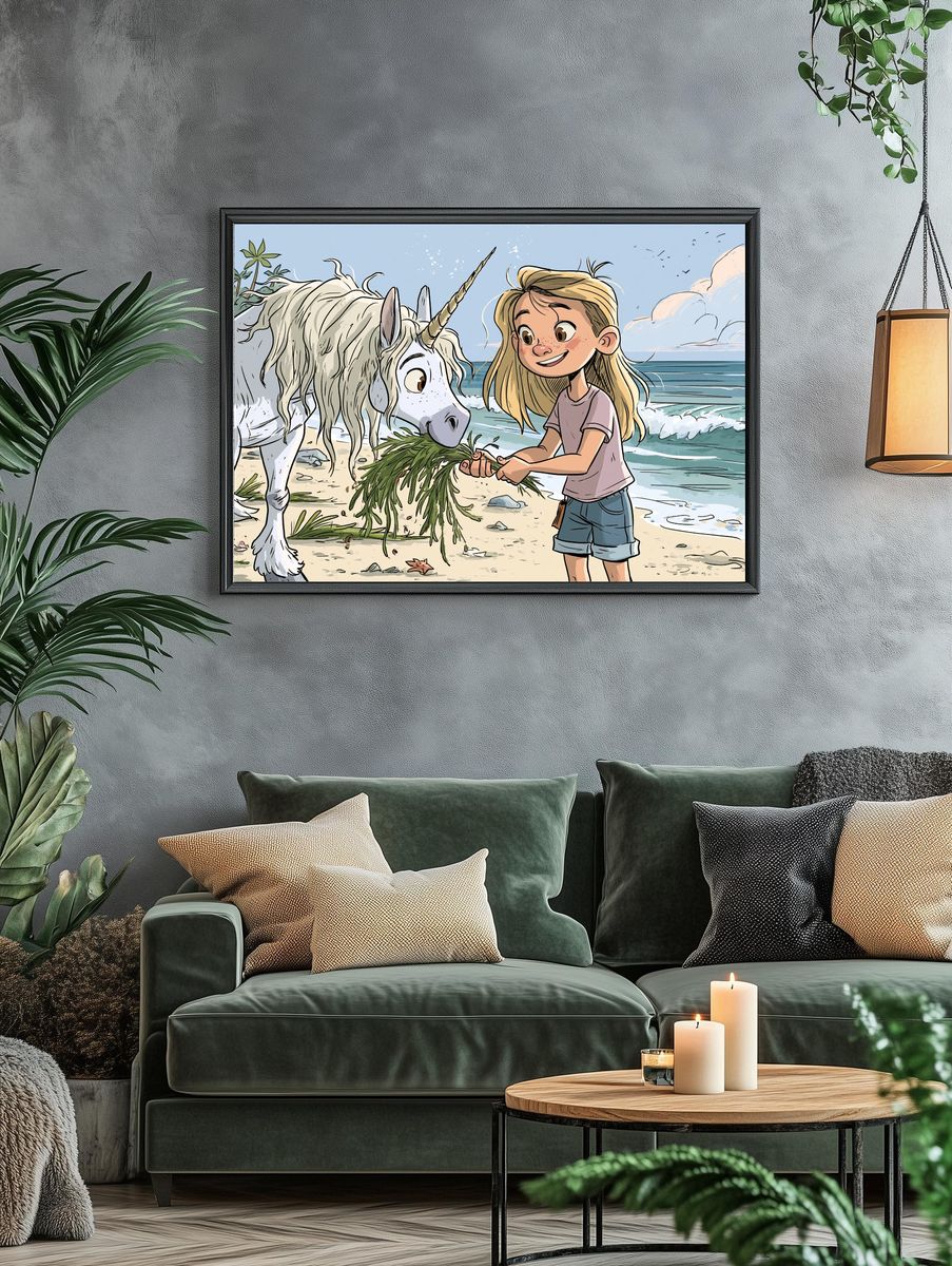 Girl and Unicorn Beach Illustration Poster. — room view 4