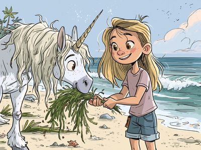 Girl and Unicorn Beach Illustration Poster.