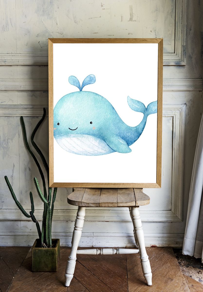Cute Blue Whale Watercolor Print. room preview
