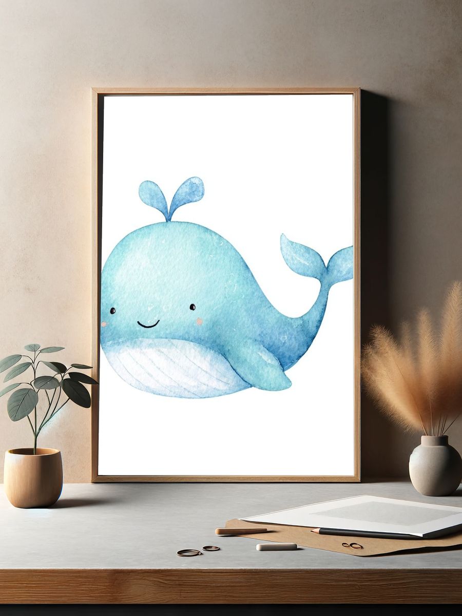 Cute Blue Whale Watercolor Print. — room view 2