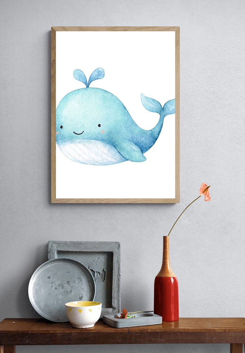 Cute Blue Whale Watercolor Print. — room view 3