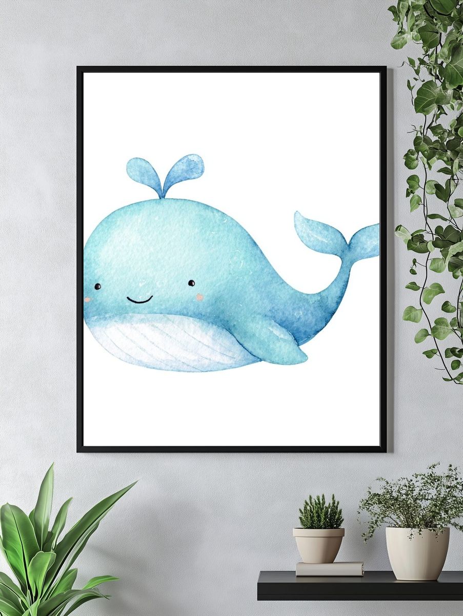 Cute Blue Whale Watercolor Print. — room view 4
