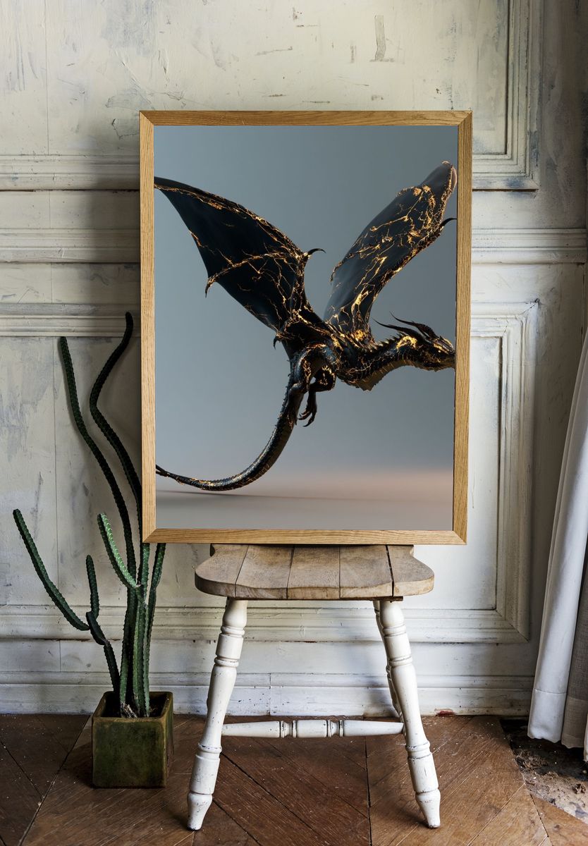 Cracked Gold Dragon Illustration Poster. room preview