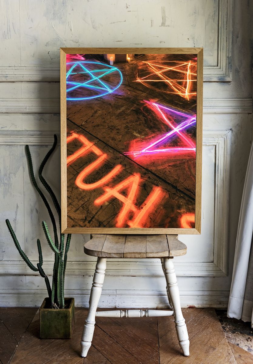 Neon Pentagrams Street Art Poster. room preview