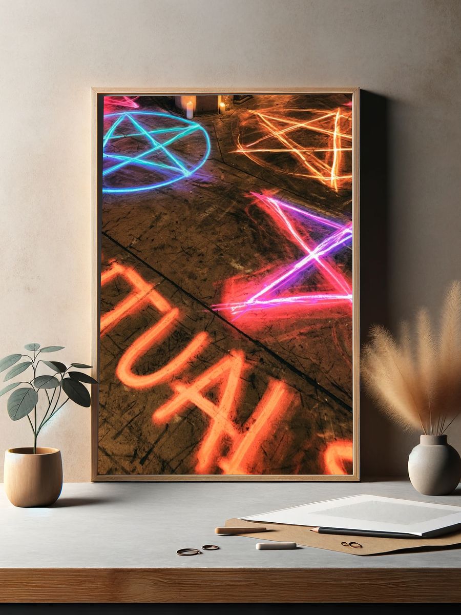 Neon Pentagrams Street Art Poster. — room view 2