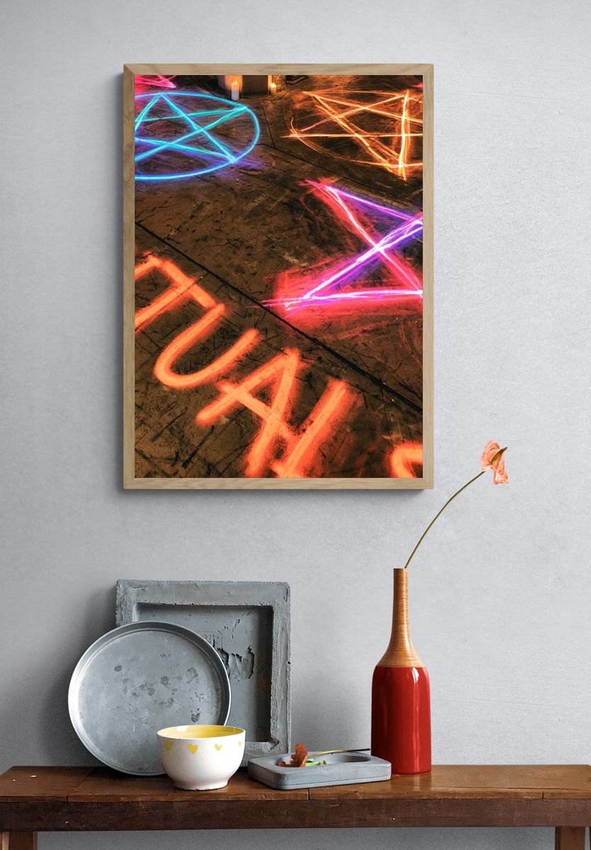 Neon Pentagrams Street Art Poster. — room view 3