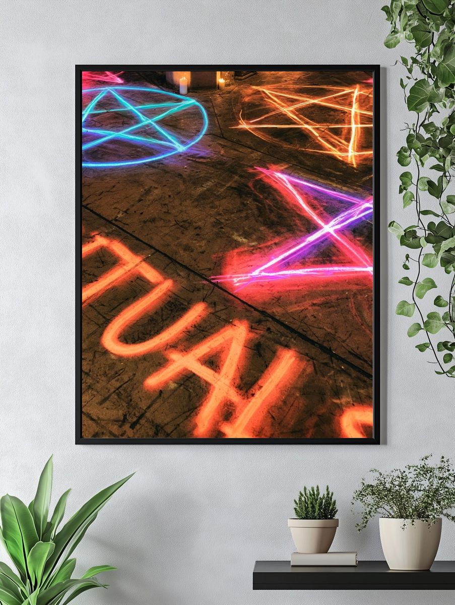 Neon Pentagrams Street Art Poster. — room view 4