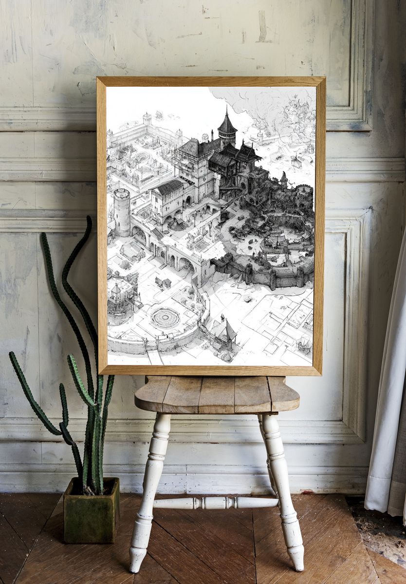 Fantasy Castle Cityscape Illustration Poster. — room view 1
