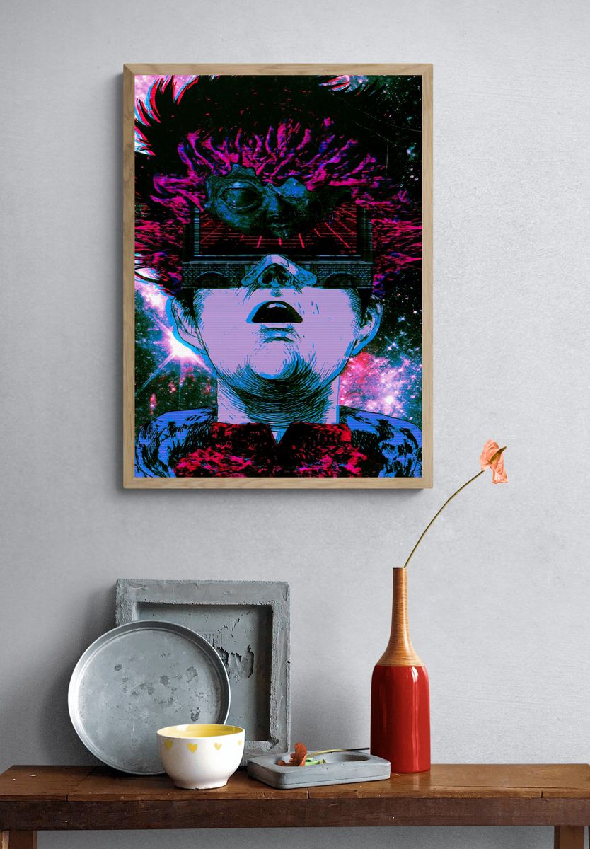 Surreal Neon Face Digital Art Poster. — room view 3