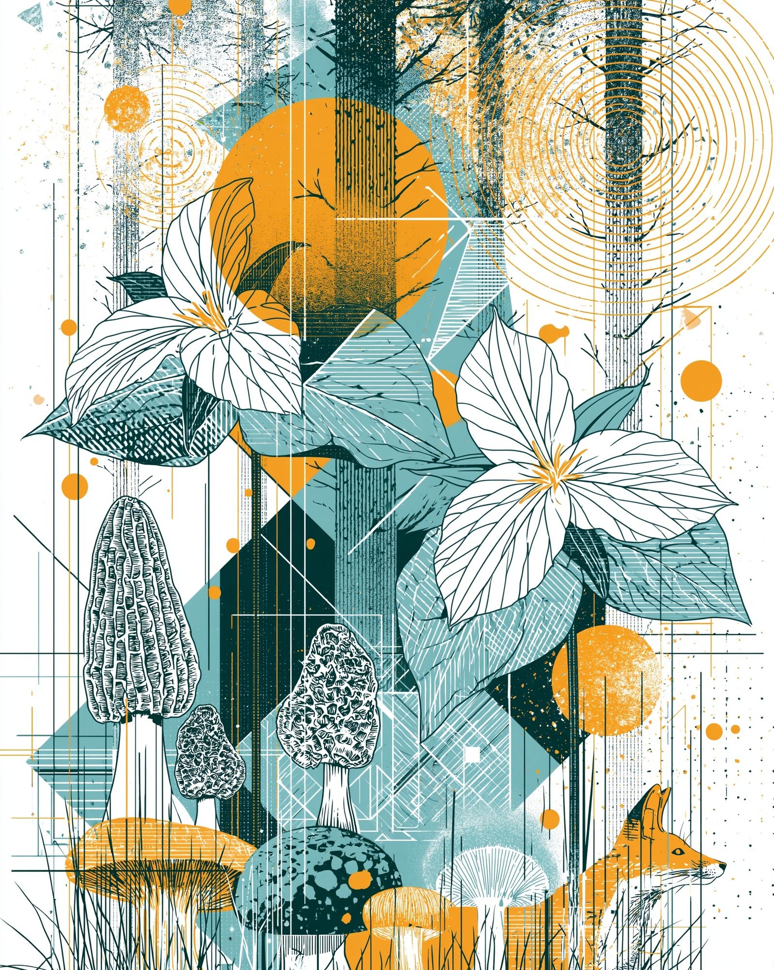 Forest Mushrooms and Fox Illustration Poster. poster detail