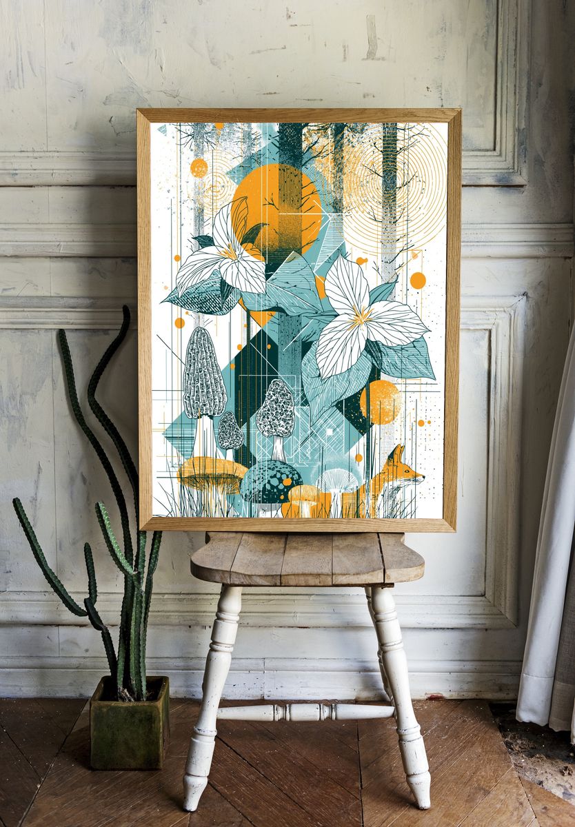 Forest Mushrooms and Fox Illustration Poster. — room view 1