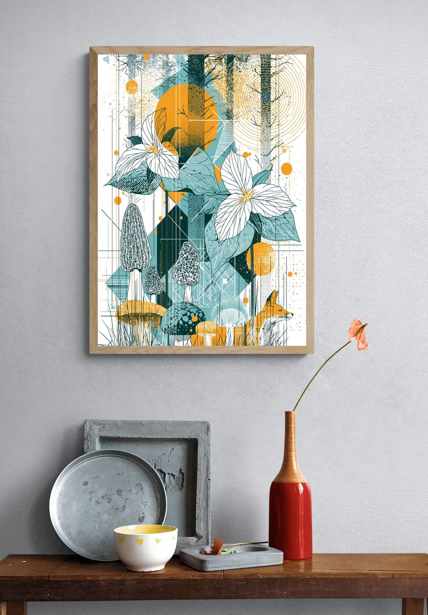 Forest Mushrooms and Fox Illustration Poster. — room view 3